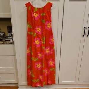Vintage Halihini Hawaiian Sleeveless Orange Floral Maxi Dress Pink Blooms Sz 10